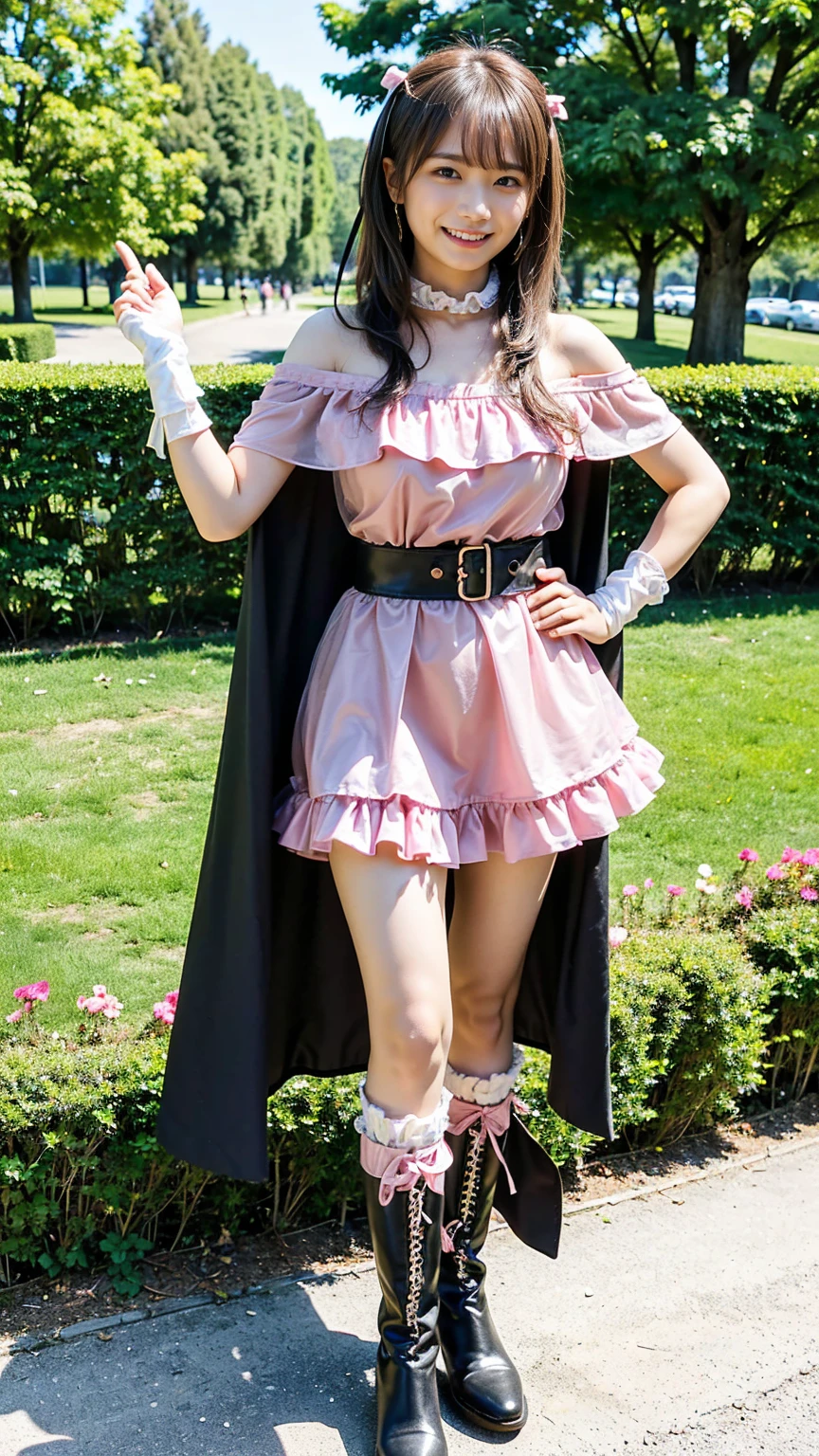 (8k、RAW Photos、highest quality、masterpiece:1.2)、(Realistic、Realistic)、1 girl、((mini skirt、Large Breasts、Pink and black、Cape、Frills、Off the shoulder、See-through、boots、Arm Covers、ribbon、smile、garden、View from the front、smile、Are standing))、