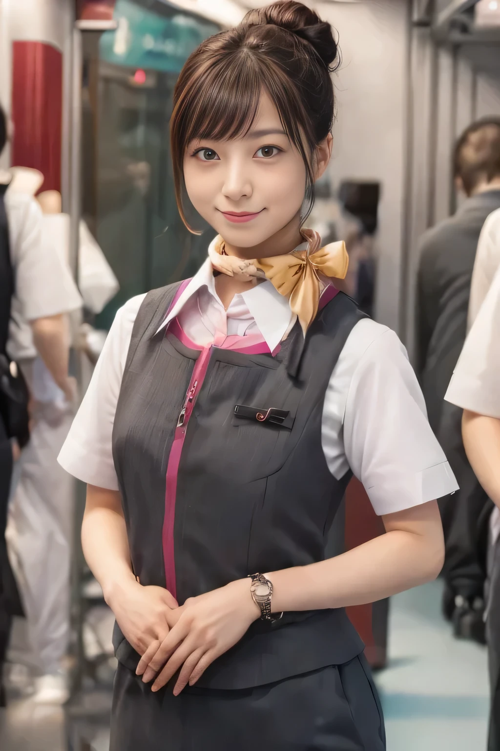 (masterpiece:1.2, highest quality:1.2), 32K HDR, High resolution, (alone、1 girl)、（Take the Shinkansen、Professional Lighting）、Background in the car、（Realistic style of JR Gran Class crew wearing uniform）、Short sleeve blouse、a scarf around the neck、（JR Gran Class flight attendant uniform with pink lines on the sleeves of the skirt）、（JR Gran Class flight attendant uniform with pink line on front zipper of vest）、Dark brown hair、（Hair tied up、Hair Bun、Hair Bun）、Dark brown hair、Long Shot、Big Breasts、（（Great hands：2.0）），（（Harmonious body proportions：1.5）），（（Normal limbs：2.0）），（（Normal finger：2.0）），（（Delicate eyes：2.0）），（（Normal eyes：2.0））)、Luxury Necklace、smile、Beautiful standing posture,