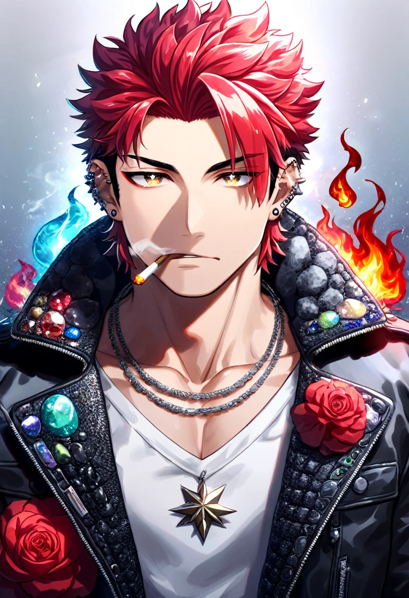 Ultra detailed, Highres, absurdres, HDR, Suoh Mikoto, red hair is kept short ruffled and spiked with two strands of hair near the opposite sides of his head falling on his face as well as distinct sideburns, K, expressive golden eyes, black leather jacket with a black fur collar and a white V-neck underneath, silver ring, a star-shaped necklace, a piercing in his left ear, red flowers, petals, handsome, man, solo, very detailed eyes and face, master piece, glittering, fantasy, flames, smoking, magic, master piece,