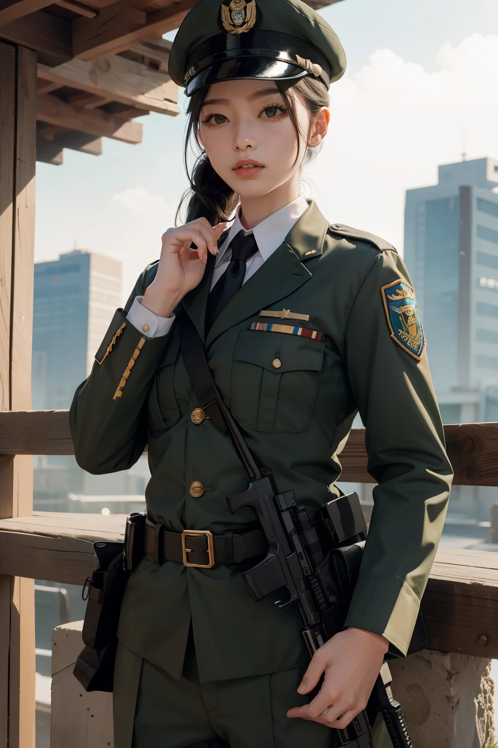One girl, Female Soldier，uniform，濃い緑のuniform，Fabric texture: Armed police uniform，Pure white lining，Dark green tie，Black Hair，Golden Ratio,[:(Detailed face:1.2):0.2]:,Purelos Face_v1, Red Flag，In the four corners，Nice views，Bright Sun，Upper body photo，Place your hand on your chest， ，Officer&#39;s hat,Kalashnikov assault rifle、