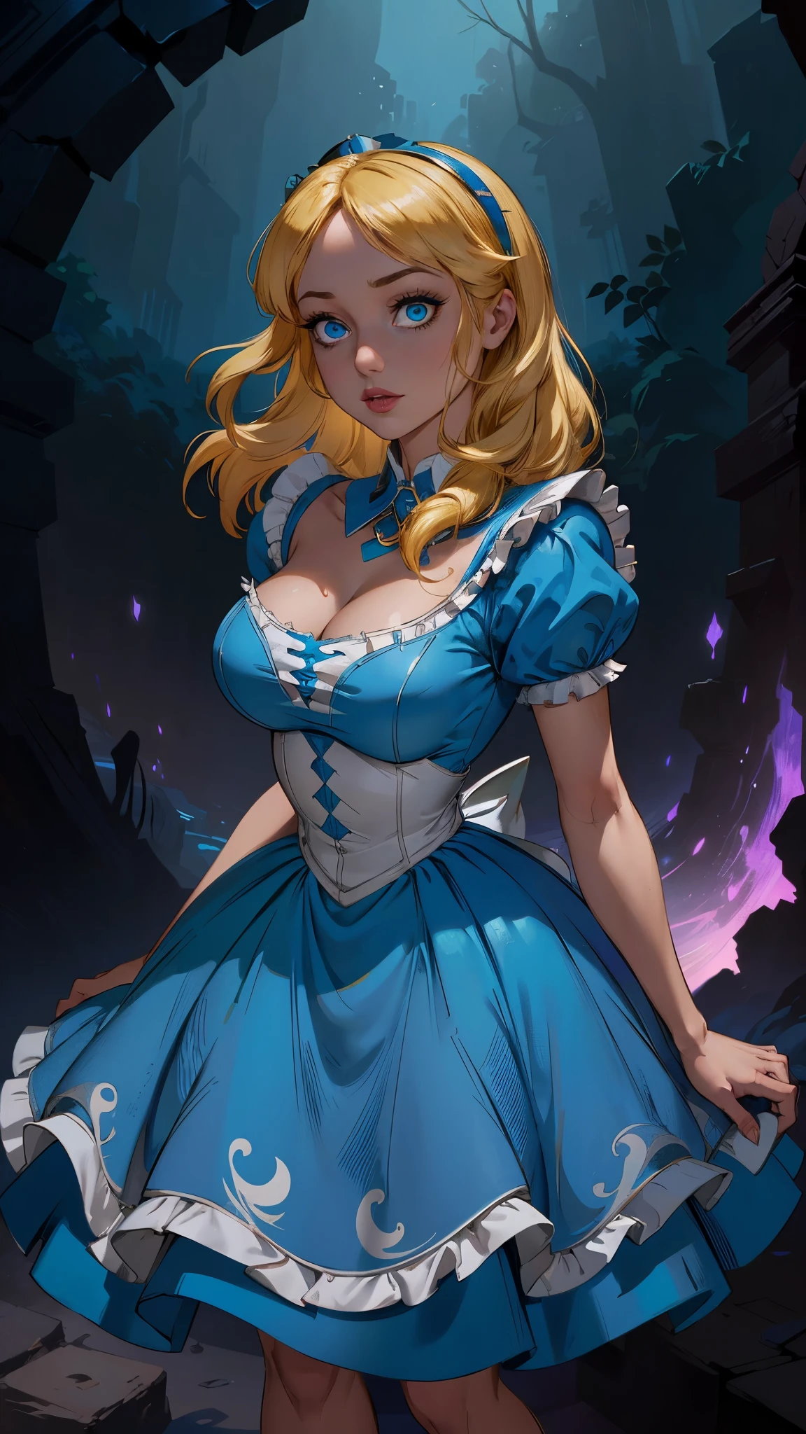 (La mejor calidad,A high resolution,Ultra - detallado,actual),Alice Wonderland, vestido corto azul, medias white muslo, cabello largo amarillo, ,(Fondo de ruinas de mazmorra en ruinas bosque tenebroso cyberpunk :1.4 ), More detailed 8K.motor irreal:1.4,UHD,La mejor calidad:1.4, fotorrealista:1.4, textura de la piel:1.4, obra maestra:1.8,obra-prima, mejor calidad,objeto Objeto], (detailed face features:1.3),(Las proporciones correctas),(Ojos hermosos azules),  (pose vaquero),( Alice Wonderland:1.4), (Alice Wonderland V2.1), (perfect anatomy :1.4),( no mutaciones), (Alice Liddell Disney:1.4), (Alice Liddell Disney V2.1), (face detailed :1.4),( dynamic cowboy pose) 