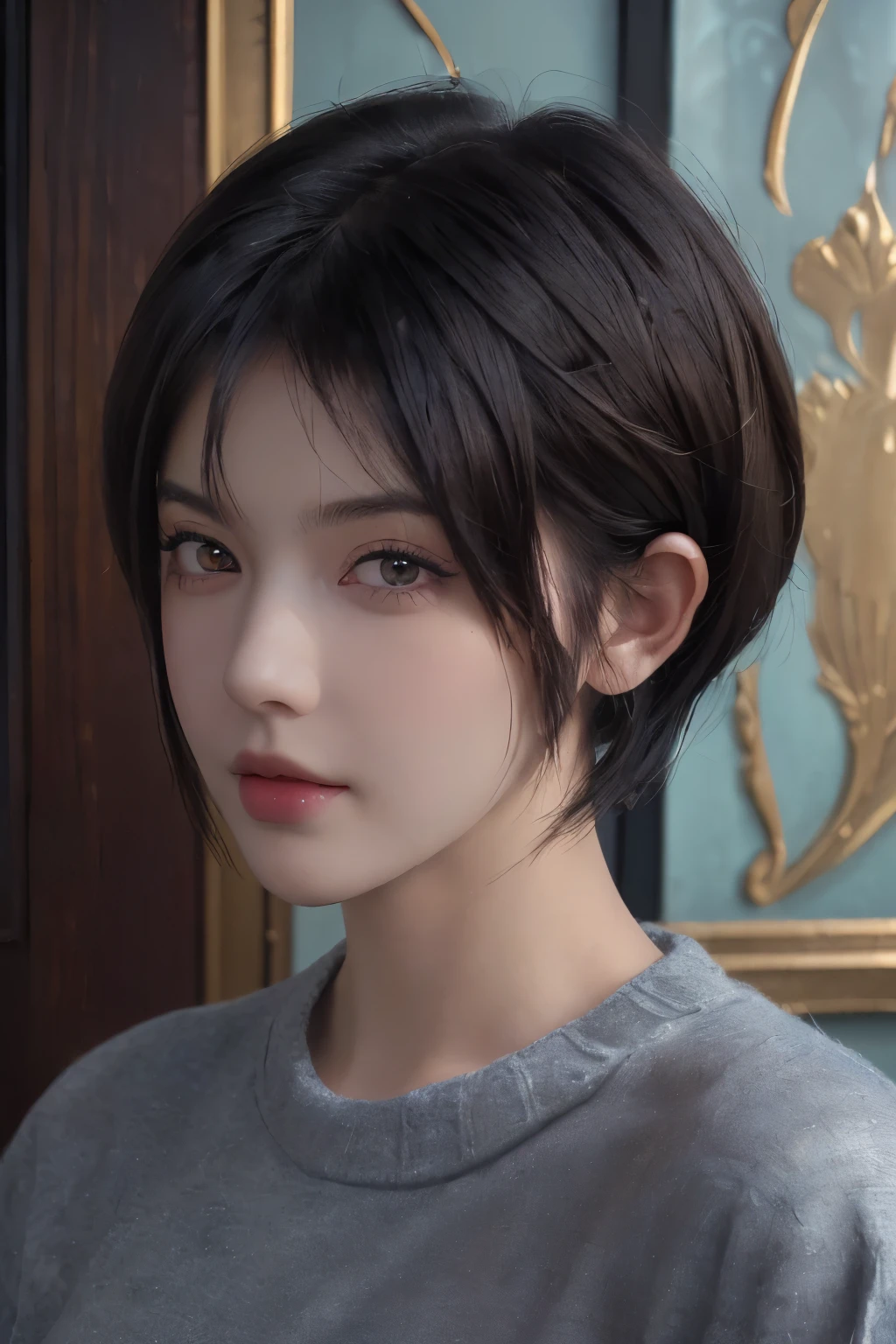 (masterpiece:1.3), (8k, photorealistic, RAW photo, best quality: 1.4), (1girl), beautiful face, (realistic face), (black hair, short hair:1.3), beautiful hairstyle, realistic eyes, beautiful detailed eyes, (realistic skin), beautiful skin, (sweater), absurdres, attractive, ultra high res, ultra realistic, highly detailed, golden ratio