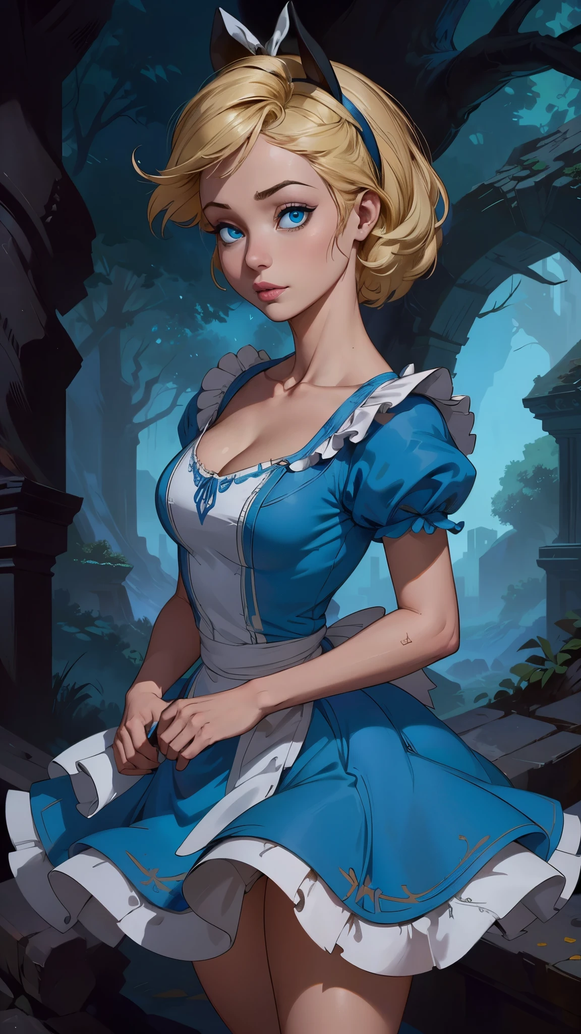 (La mejor calidad,A high resolution,Ultra - detallado,actual),Alice Wonderland, vestido corto azul, medias white muslo, cabello largo amarillo, ,(Fondo de ruinas de mazmorra en ruinas bosque tenebroso cyberpunk :1.4 ), More detailed 8K.motor irreal:1.4,UHD,La mejor calidad:1.4, fotorrealista:1.4, textura de la piel:1.4, obra maestra:1.8,obra-prima, mejor calidad,objeto Objeto], (detailed face features:1.3),(Las proporciones correctas),(Ojos hermosos azules:1.4 ),  (pose vaquero),( Alice Wonderland:1.4), (Alice Wonderland V2.1), (perfect anatomy :1.4),( no mutaciones), (Alice Liddell Disney:1.4), (dynamic cowboy pose), (face detailed :1.4) 