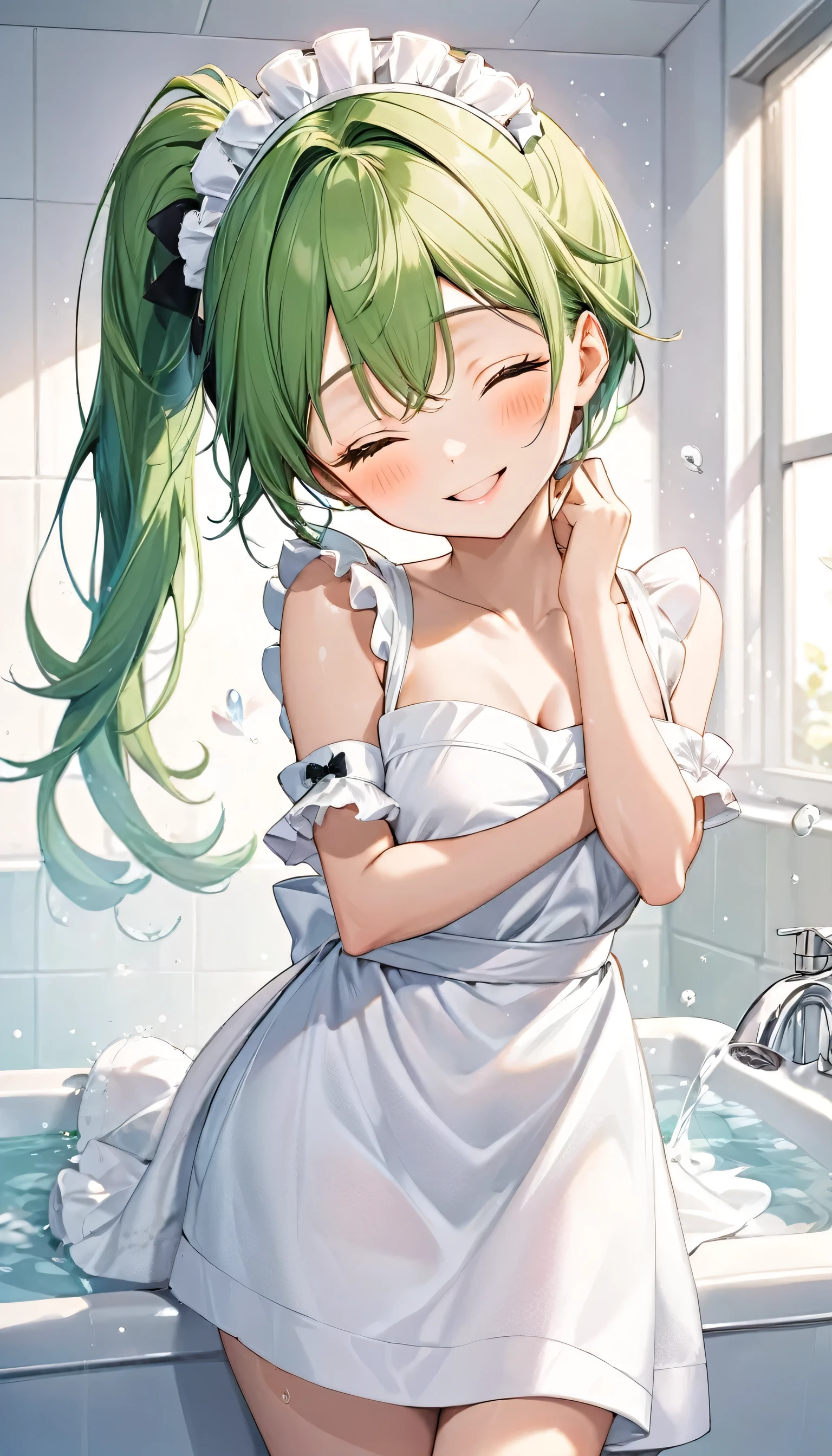 (cool beauty style) (solo ponytail green hair long hair cute girl, cute closed eyes, 15 yo, love smile), (in a cute maid clothes), (hand holding a bath towel), BREAK, in the hospital bedroom, (perfect anatomy, masterpiece, best quality, 16k, beautiful detailed grow, daydreaming expression).
