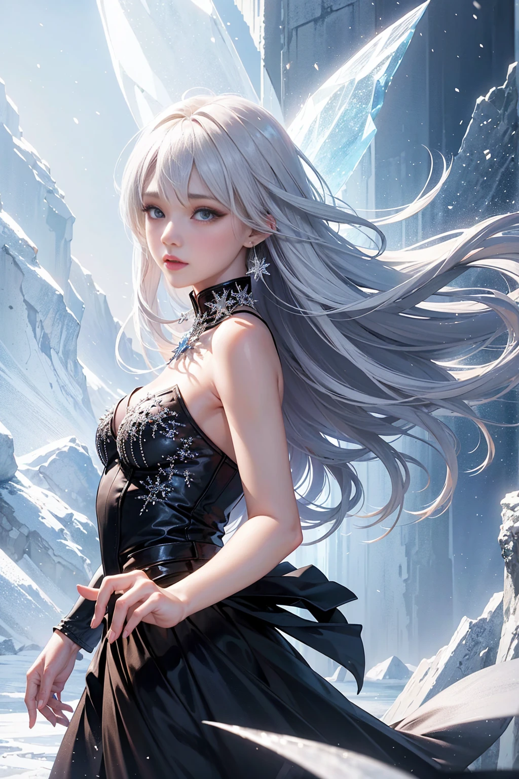 wood, Delicate mini ice spikes and crystals, Frozen waterfall as background, Light reflected on ice crystals, Dancing snowflakes.Beautiful woman、white hair、cute girl,realistic person,Black skirt,black
