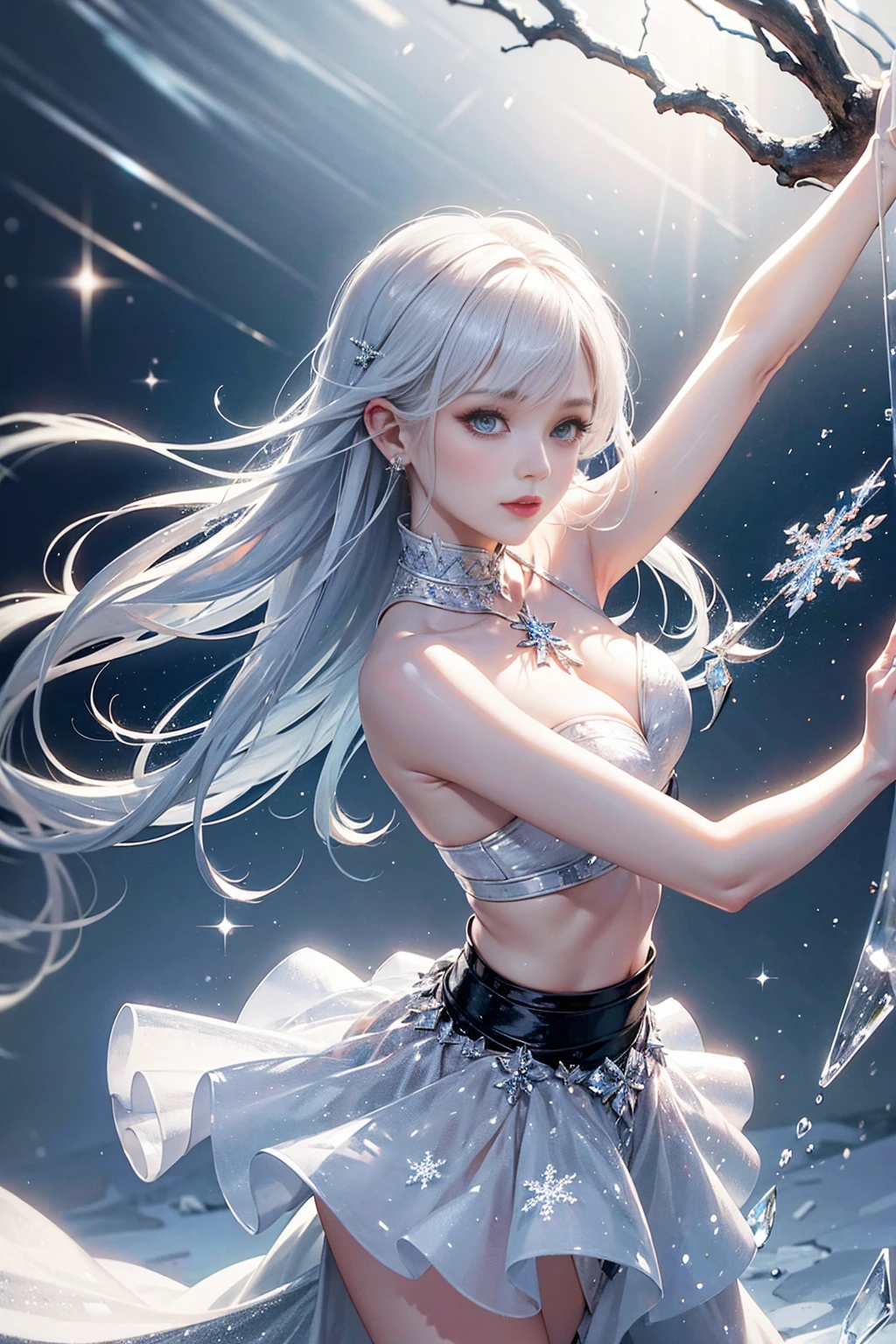wood, Delicate mini ice spikes and crystals, Frozen waterfall as background, Light reflected on ice crystals, Dancing snowflakes.Beautiful woman、white hair、cute girl,realistic person,Black skirt,black
