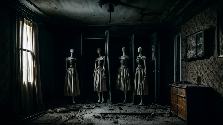 a terrifying dark room, hanging dolls, claustrophobic atmosphere, gloomy and decadent mannequins, unsettling horror scene, dim abandoned room with full body mannequins, fear and claustrophobia, high quality, ultra-detailed, masterpiece, photorealistic,with human bodys