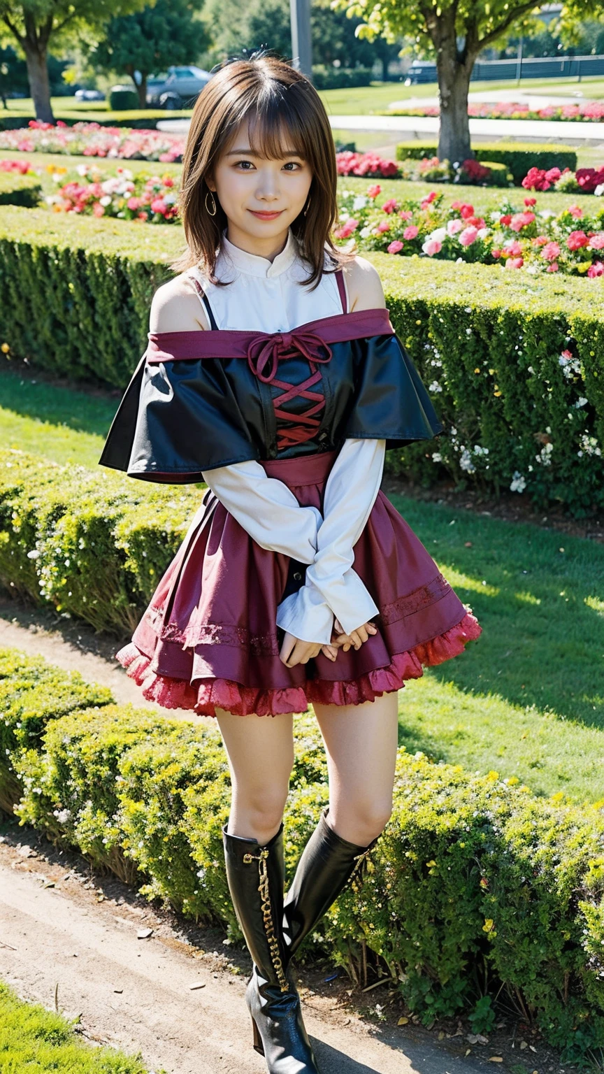 (8k、RAW Photos、highest quality、masterpiece:1.2)、(Realistic、Realistic)、1 girl、((mini skirt、Large Breasts、Pink and black、Cape、Frills、Off the shoulder、See-through、boots、Arm Covers、ribbon、smile、garden、View from the front、smile、Are standing))、
