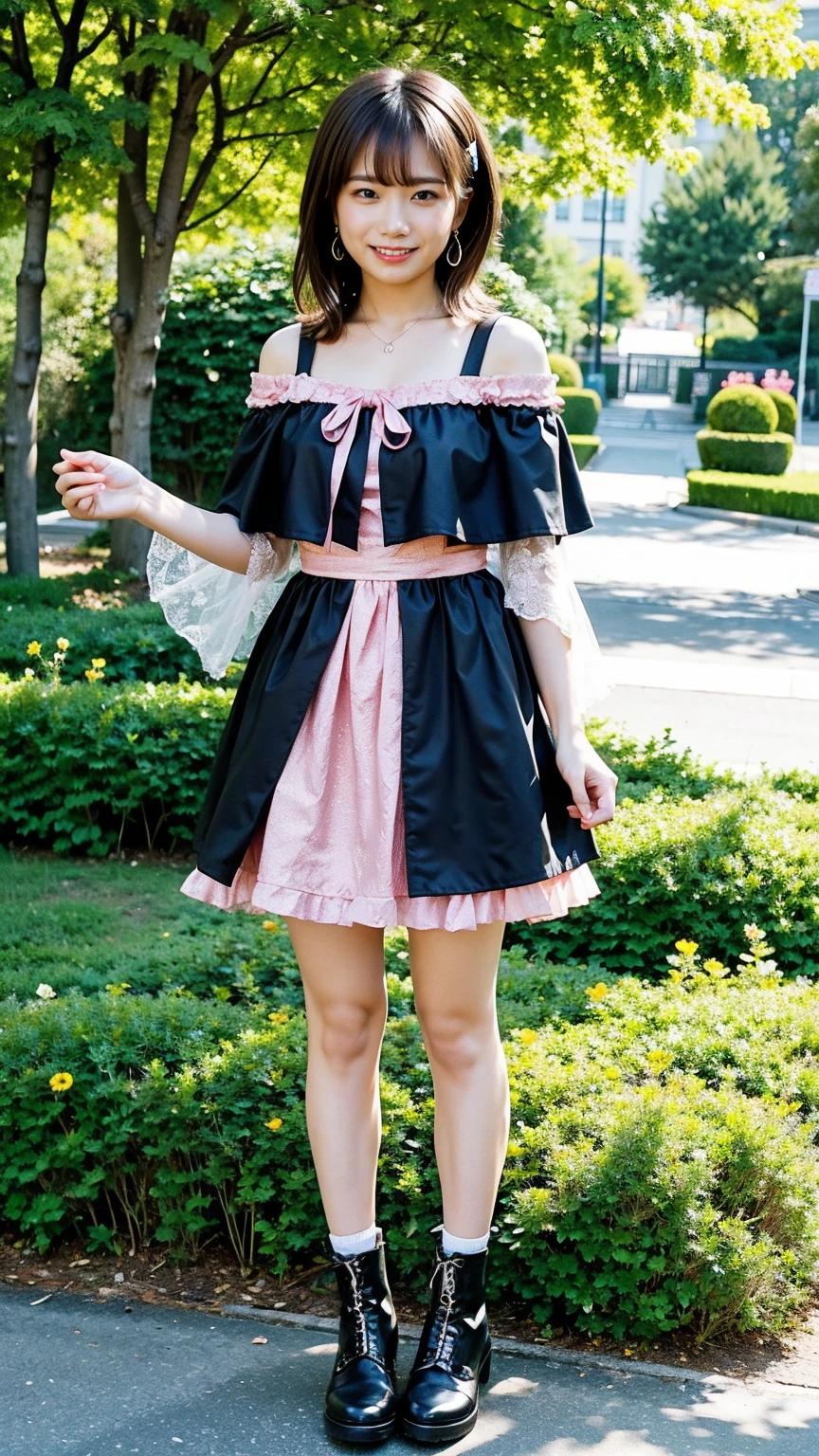 (8k、RAW Photos、highest quality、masterpiece:1.2)、(Realistic、Realistic)、1 girl、((mini skirt、Large Breasts、Pink and black、Cape、Frills、Off the shoulder、See-through、boots、Arm Covers、ribbon、smile、garden、View from the front、smile、Are standing))、