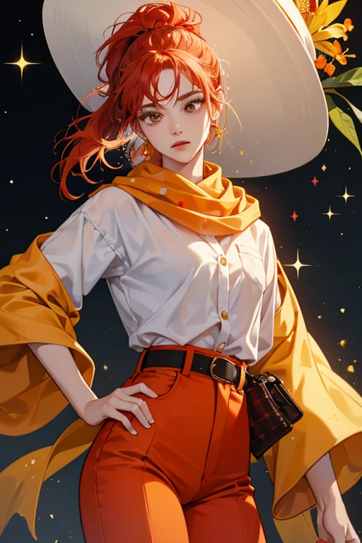 she has an orange body and wears a white shirt with red dots all over it. she also wears red pants with a yellow belt and a gray scarf with light red dots on it. she has red hair on the sides of his head and there are yellow flower shaped surrounding her eyes. she also wears many hats and flowers that bloom according to his emotions. SPARKLE; GLITTER