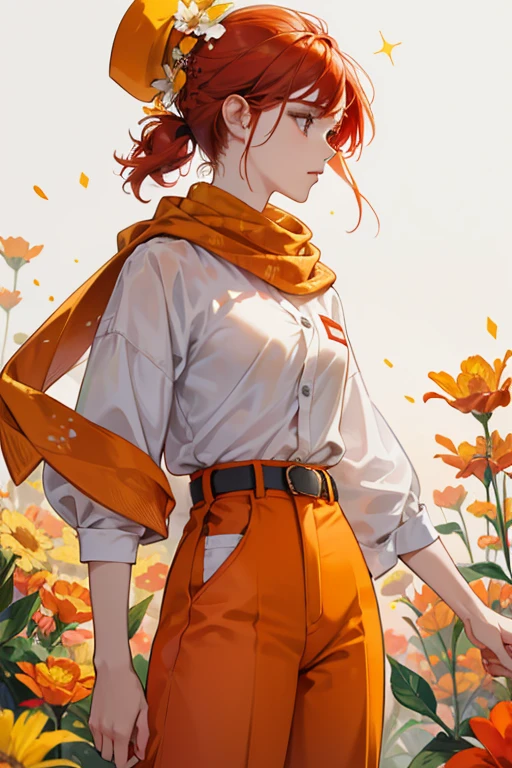 she has an orange body and wears a white shirt with red dots all over it. she also wears red pants with a yellow belt and a gray scarf with light red dots on it. she has red hair on the sides of his head and there are yellow flower shaped surrounding her eyes. she also wears many hats and flowers that bloom according to his emotions. SPARKLE; GLITTER