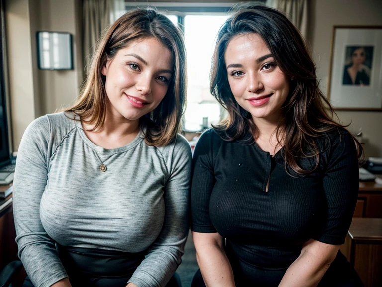 A curvy, bottom-heavy executive woman in her office, doing yoga stretches with her female secretary, both still wearing their office clothes, smiling together, detailed facial features, intricate clothing textures, high-quality lighting, photorealistic, cinematic composition, warm color palette