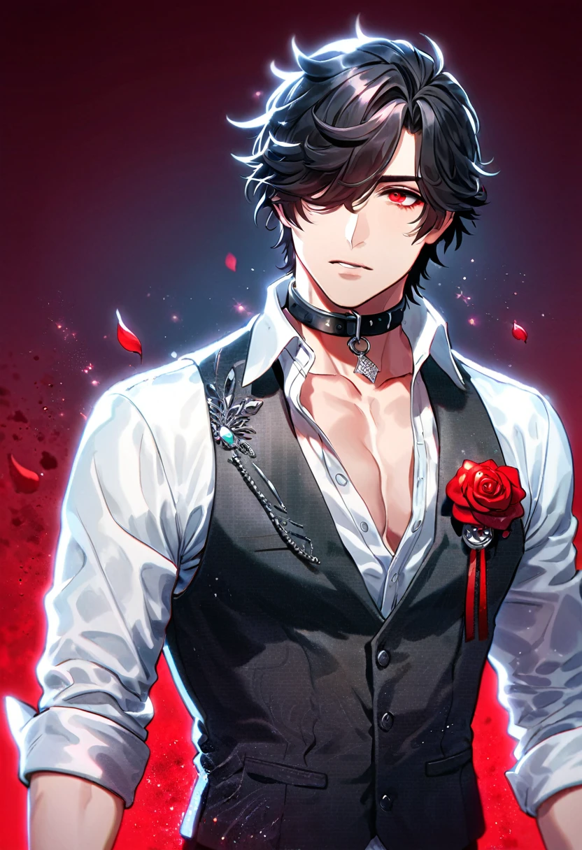 (absurdres, highres, ultra detailed, HDR), masterpiece, best quality, Louis, somewhat untamed black hair, hair over the right eye, expressive red eyes, Code Vein, solo, sexy man, handsome, white shirt with rolled-up sleeves, with the collar unbuttoned; over this, he wears a vest that gradually fades from red to black, red roses, magical, fantasy, glittering red fireflies, red background, red petals