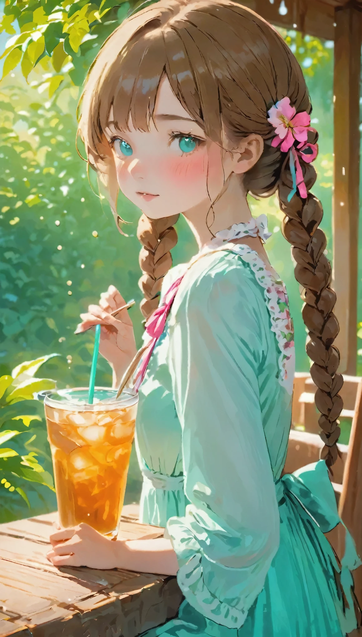 A hot summer day, a girl is drinking iced barley tea, beads of sweat on her forehead, shoulder-length brown pigtails tied with pink ribbons, aqua eyes glistening, sitting on a wooden porch with green garden background, wearing a light summer dress with floral patterns, straw hat beside her, dynamic angle from slightly above, capturing the heat and her refreshing drink, vivid colors to emphasize the contrast between the heat and the cold drink, expressive relief on her face.