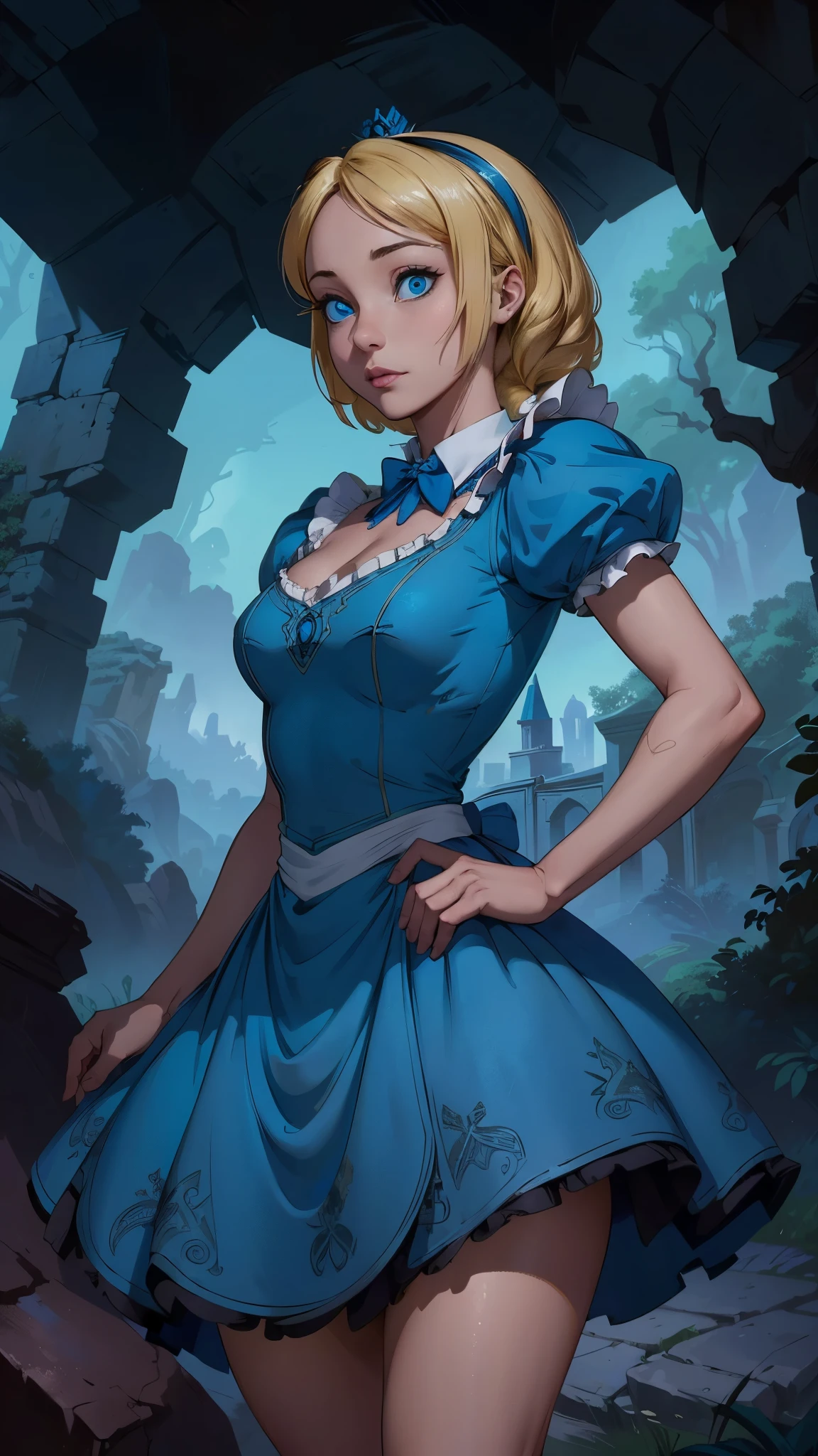 (La mejor calidad,A high resolution,Ultra - detallado,actual),Alice Wonderland, vestido corto azul, medias white muslo, cabello largo amarillo, ,(Fondo de ruinas de mazmorra en ruinas bosque tenebroso cyberpunk :1.4 ), More detailed 8K.motor irreal:1.4,UHD,La mejor calidad:1.4, fotorrealista:1.4, textura de la piel:1.4, obra maestra:1.8,obra-prima, mejor calidad,objeto Objeto], (detailed face features:1.3),(Las proporciones correctas),(Ojos hermosos azules:1.4 ),  (pose vaquero),( Alice Wonderland:1.4), (Alice Wonderland V2.1), (perfect anatomy :1.4),( no mutaciones), (Alice Liddell Disney:1.4), (dynamic cowboy pose), (face detailed :1.4) 