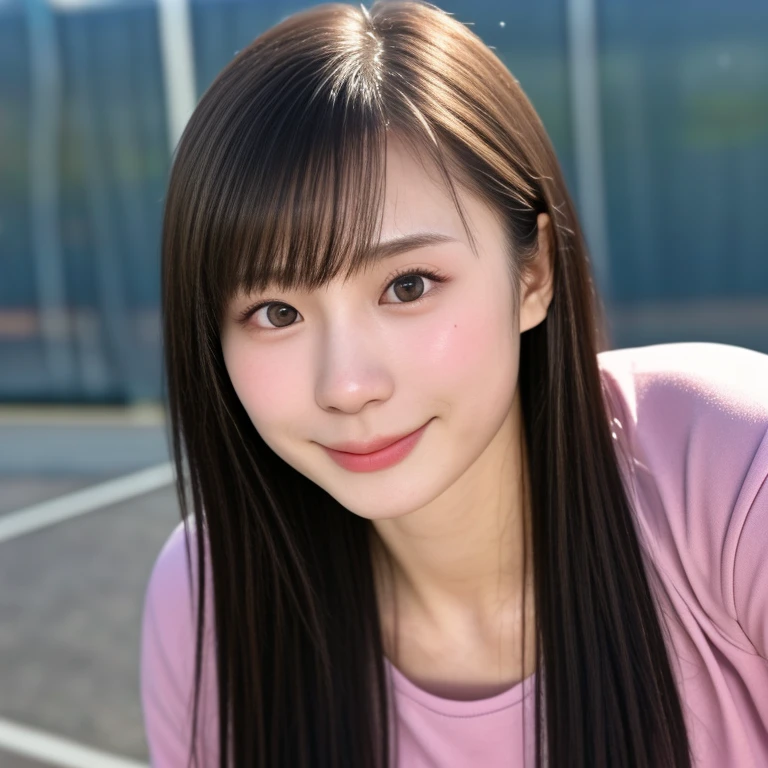 (kawaii 24 year-old Japanese girl, Nogizaka idol, Korean idol, track and field player), healthy female athlete body, (glossy black hair, very short hair, pixie cut, bangs:1.2), beautiful black eyes, rounded face, single eyelid, (no makeup:1.2), (soft smiling), (pink track jacket, tight fitted sports leggins), extra small breasts, BREAK, (track and field stadium background, summer, sunny daytime:1.2), (dynamic angle, bust shot:1.2), BREAK, (masterpiece, best quality, photo realistic, official art:1.4), (UHD, 8K quality wallpaper, high resolution, raw photo, golden ratio:1.3), (shiny skin), professional lighting, physically based rendering, award winning, (highly detailed skin texture, extremely detailed face and eyes textures), Carl Zeiss 300 mm F/2.8, depth of field, (1girl, solo),
