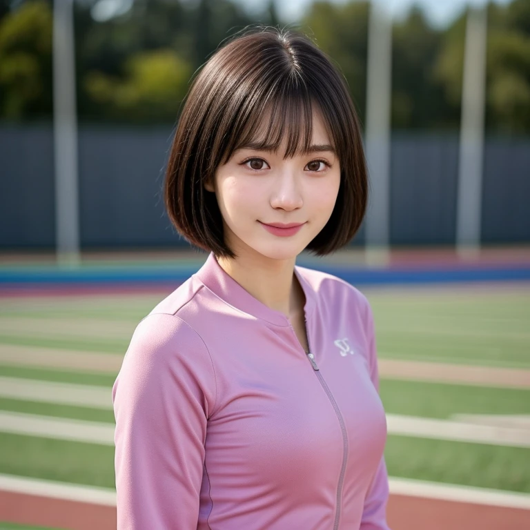(kawaii 24 year-old Japanese girl, Nogizaka idol, Korean idol, track and field player), healthy female athlete body, (glossy black hair, very short hair, pixie cut, bangs:1.2), beautiful black eyes, rounded face, single eyelid, (no makeup:1.2), (soft smiling), (pink track jacket, tight fitted sports leggins), extra small breasts, BREAK, (track and field stadium background, summer, sunny daytime:1.2), (dynamic angle, bust shot:1.2), BREAK, (masterpiece, best quality, photo realistic, official art:1.4), (UHD, 8K quality wallpaper, high resolution, raw photo, golden ratio:1.3), (shiny skin), professional lighting, physically based rendering, award winning, (highly detailed skin texture, extremely detailed face and eyes textures), Carl Zeiss 300 mm F/2.8, depth of field, (1girl, solo),