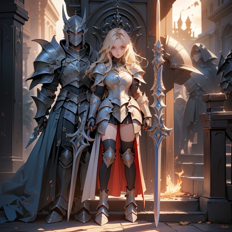 Design a layout showcase Gaming character, (1girl). Red+Gold clothes, regal and powerful, ((showcase weapon:1.4)), battle axe, (masterpiece:1.2), (best quality), 4k, ultra-detailed, (Step by step design, layout art:1.5), (fiery lighting, epic setting), berserker, ((metal gloves)), (((revealing armor:1.3))), chainmail vambraces, armored boots, (((full_body_shot:1.4)))