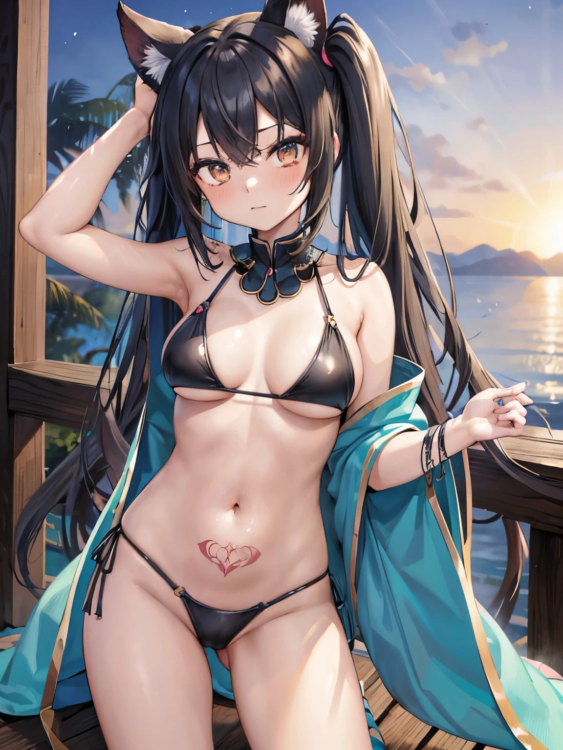 Miku hatsune,arabe, alta definicion, ebony skin, amazonic girl, Piel morena,black hair,orejas de kitsune, tribal tatoo, tribal clothes, cute girl, 18 years old girl, blackforest lsnd scspe, archery girl