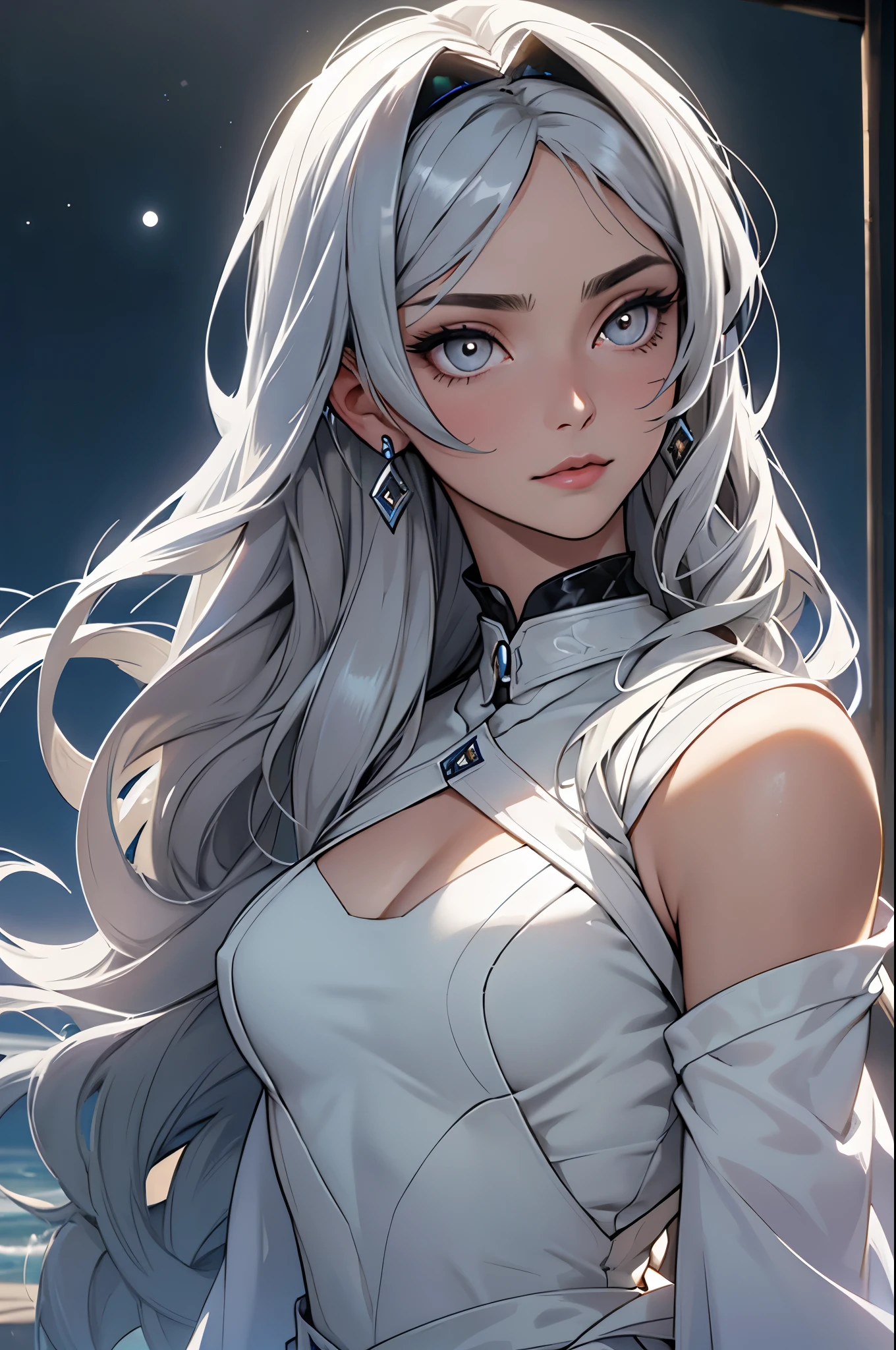 Create a detailed close-up portrait of Luna García (Selene). She has an oval face with high, soft cheekbones. Her pale olive skin glows under moonlight, and her delicate, serene features are complemented by her large silver eyes, reflecting moonlight. Her long, wavy black hair with silvery highlights cascades over her shoulders. Add a subtle, soft, silvery aura around her to emphasize her connection with the moon goddess Selene.