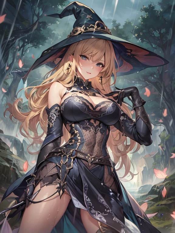 ８ｋ、最高masterpiece、Seen from the front、1 Female, witch, Earrings, Mature Woman, , (Long Hair), Blonde Hair, Big breasted anime women, A look of sexual desire、Sensual Body、 Side Arm, Sideboob, Curvy but slim, Perfect body,Sensual Body 深い紫色のローブ, belt, Cleavage, Very large breasts, Curved waist、Big Ass、Female protagonist, gloves, masterpiece, ((highest quality)), Milfication, Realistic shadows, original, background, Rainy, Wet, dark, Moist, ( cave ), green costume and witch hat, Dominant, Beauty and Magnificence, Sexy Outfits, Skimpy, Dynamic Angle, (Roleplaying), jRoleplaying, ( fantasy genre )