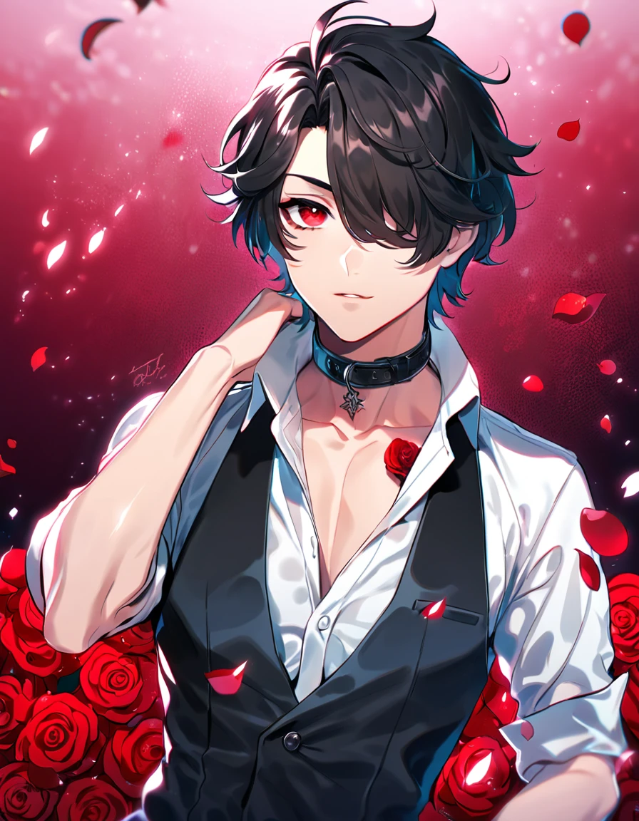 (absurdres, highres, ultra detailed, HDR), masterpiece, best quality, Louis, somewhat untamed black hair, hair over the right eye, expressive red eyes, Code Vein, solo, sexy man, handsome, white shirt with rolled-up sleeves, with the collar unbuttoned; over this, he wears a vest that gradually fades from red to black, red roses, magical, fantasy, glittering red fireflies, red background, red petals