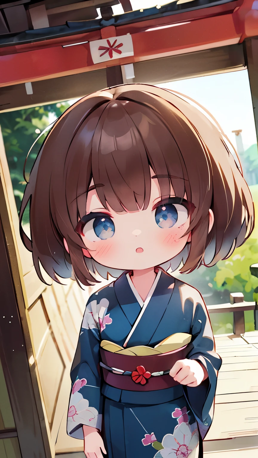 ((Best quality, 8k, Masterpiece: 1.3)), Highly detailed face and skin texture, Detailed eyes, traditional Japanese kimono, blue kimono, long-sleeved kimono, brown hair, short hair, kanzashi, from above, at a shrine in Kyoto