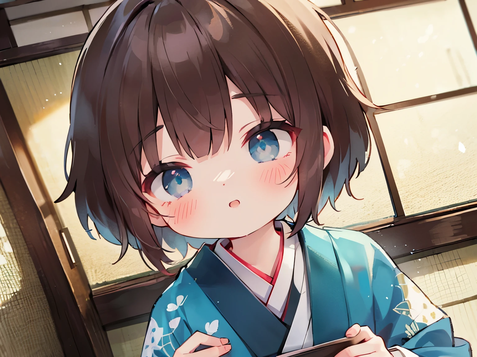 ((Best quality, 8k, Masterpiece: 1.3)), Highly detailed face and skin texture, Detailed eyes, traditional Japanese kimono, blue kimono, long-sleeved kimono, brown hair, short hair, kanzashi, from above, at a shrine in Kyoto