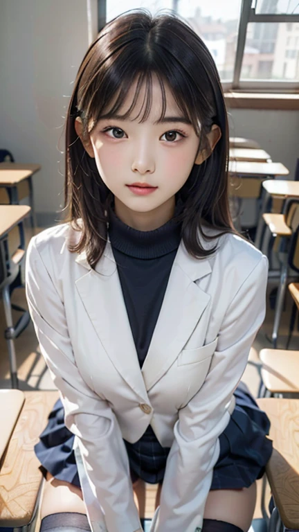 (( A female student sitting at a desk with her legs spread in a classroom)),Attractive eyes,Heartwarming action,Please turn away from the camera,Bent over,bend over,Turn back,Look up your head,Thick and long black hair,Highly detailed body,Highly detailed face,highest quality、(P iNK Underwear),(high school girl),((White Blazer、Chest emblem))、((Semi-transparent blouse)),,((Navy Check Flared Skirt)),(Black Stockings)、((White lace underwear is visible))、Brown long hair、See-through bangs , (())