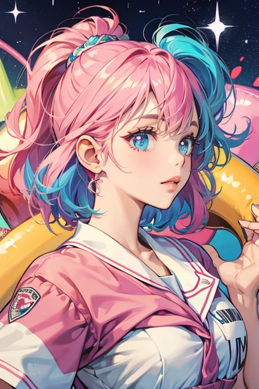 she resembles a donut with pink frosting with red, yellow, and blue sprinkles, two eyes on top and short brown . SPARKLE; GLITTER