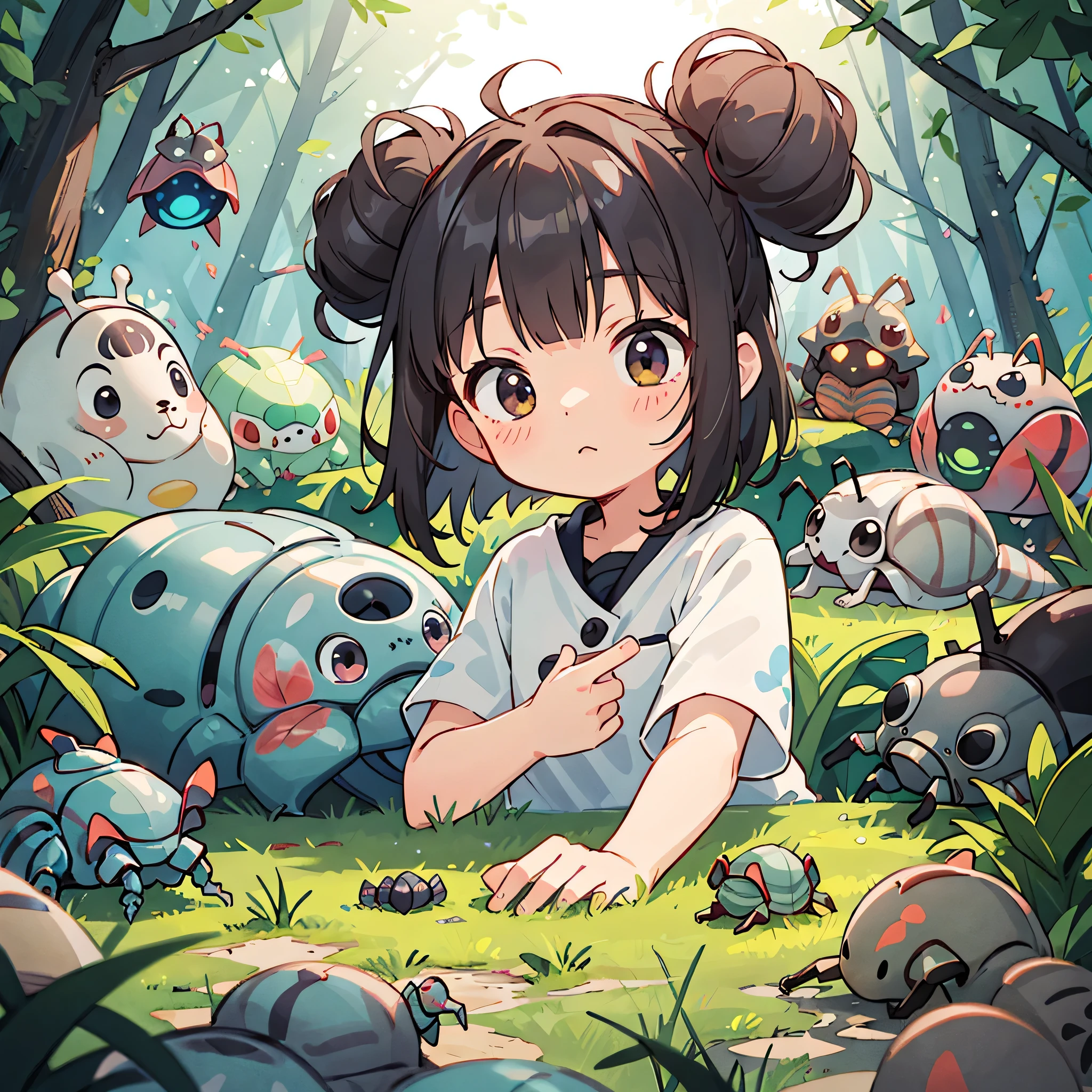 hayao miyazaki style, Kawaii Design, (((10 people)))、most beautiful girl ever、Chibi, Colorful bob hair、((Lots of friends))、(((Cute pillbug)))、Totoro Forest