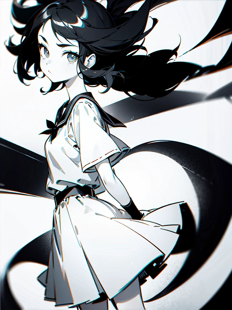 (Noir comic style illustration:1.2),(Black and White_High Contrast),One Girl,Line art,Monochrome,sketch,Pencil drawing,Traditional Media,One Girl,skirt,Short sleeve、Are standing, (Cute Teenage Girls, alone),Beautiful portrait、Delicate body、Respect、sketchブック、Black Hair,Beautiful Landscape,sketch,