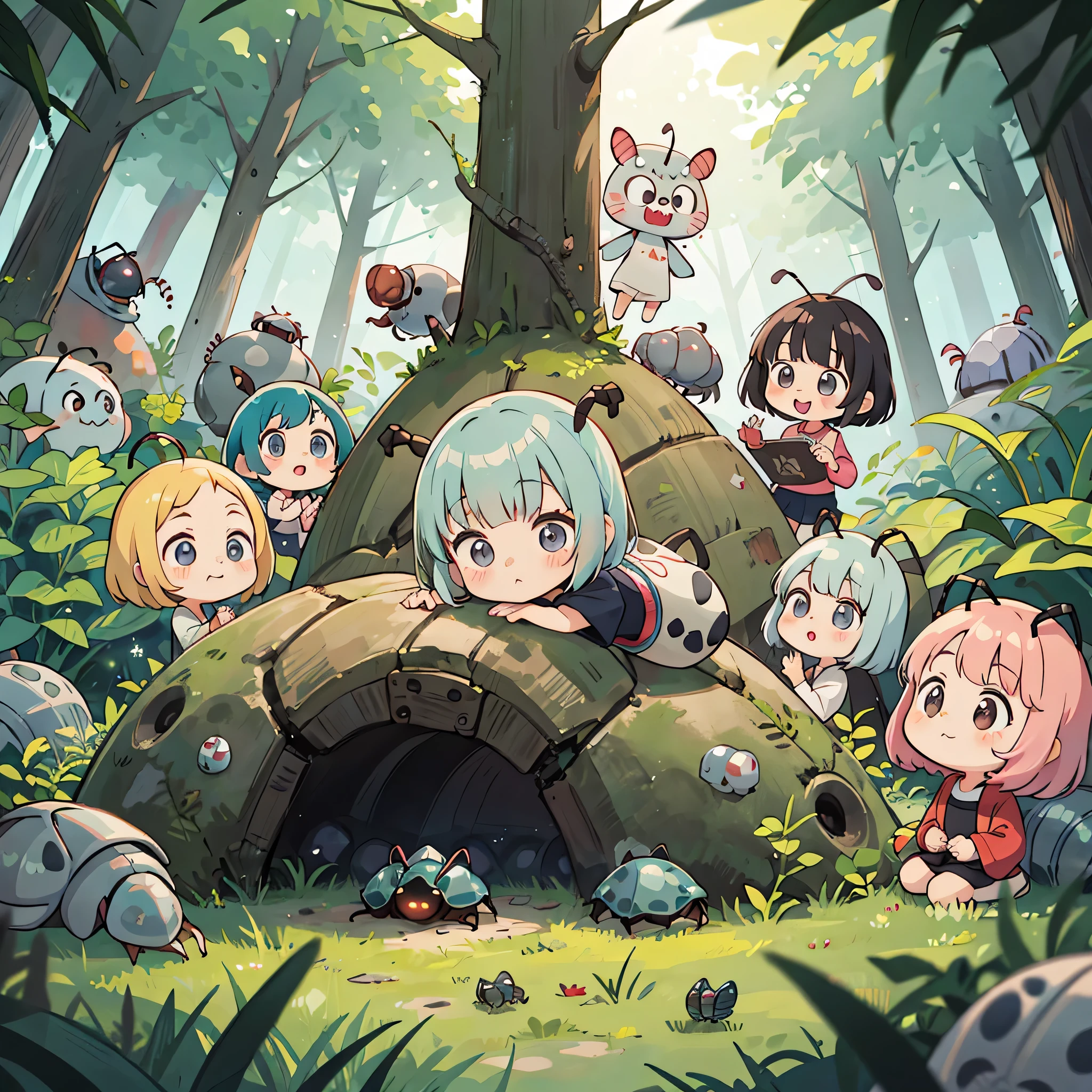 hayao miyazaki style, Kawaii Design, (((10 people)))、most beautiful girl ever、Chibi, Colorful bob hair、((Lots of friends))、(((Cute pillbug)))、Totoro Forest