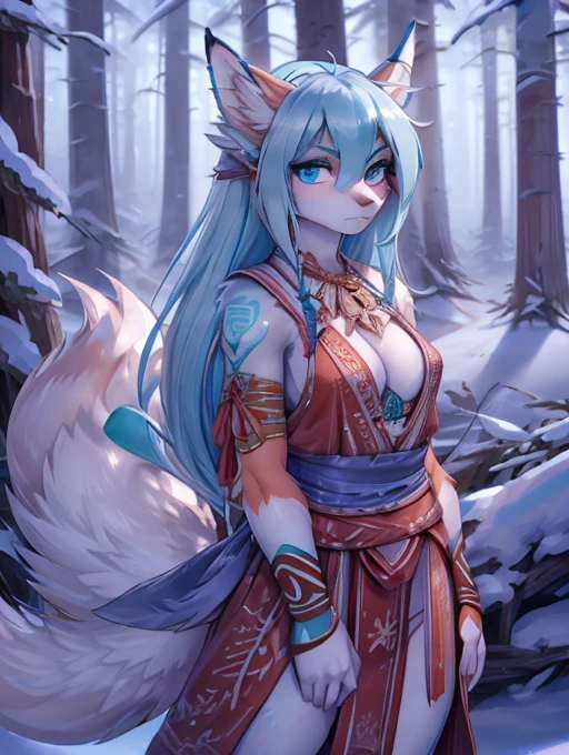 La mejor definicion 4k, Miku hatsune, alta definicion, white body, snow foxy, white hair,orejas de kitsune, tribal tatoo, arabian clothes, cute girl, 18 years old girl, virgin, blackforest land scspe, archery girl, intense blue eyes((high definition)