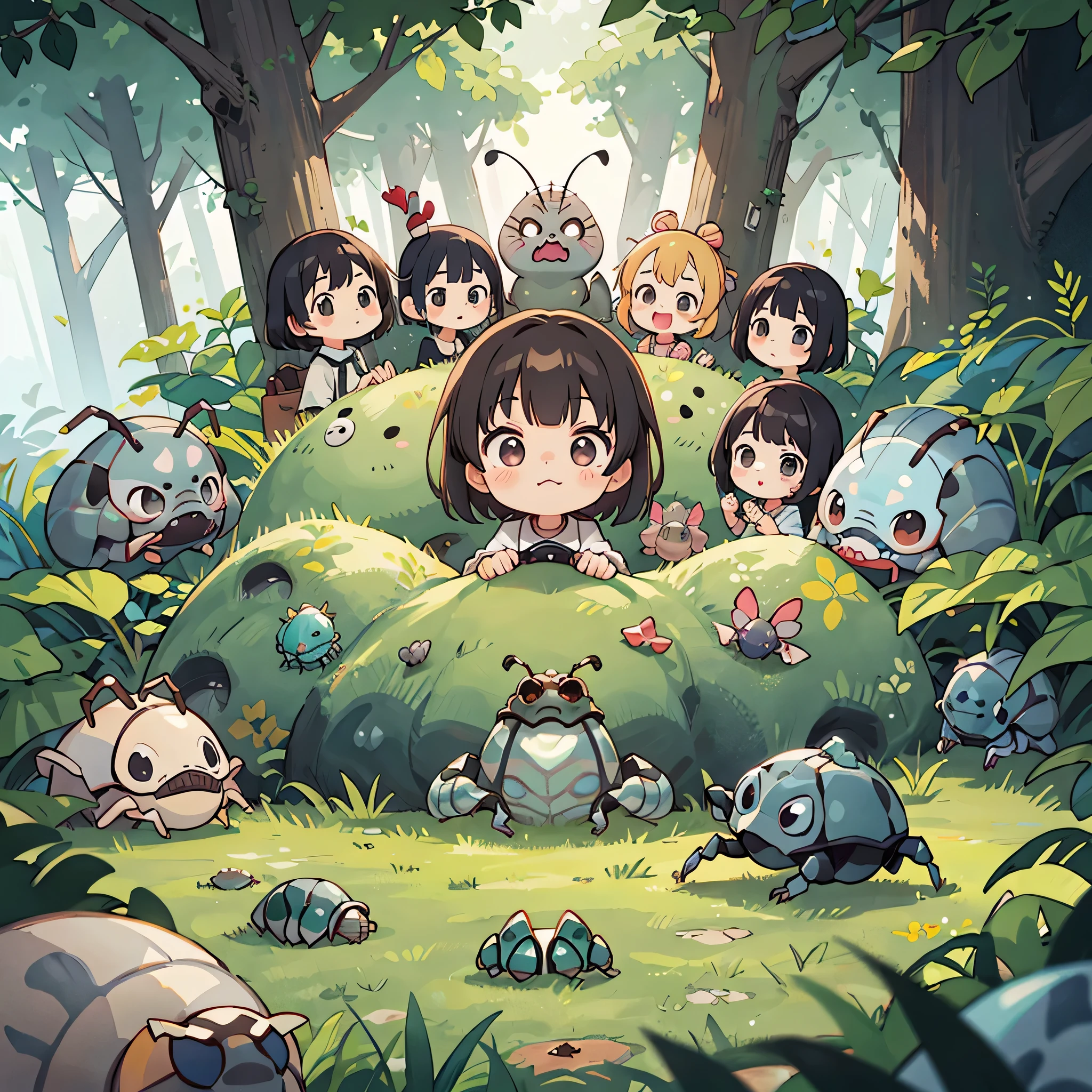 hayao miyazaki style, Kawaii Design, (((10 people)))、most beautiful girl ever、Chibi, Colorful bob hair、((Lots of friends))、(((Cute pillbug)))、Totoro Forest