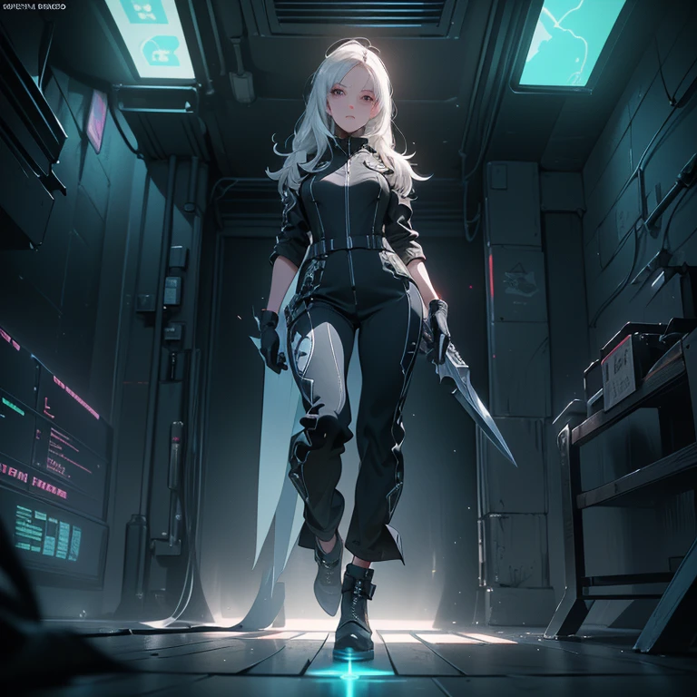 Design a layout showcase Gaming character, (1girl). Black+Silver clothes, sleek and modern, ((showcase weapon:1.4)), laser gun, (masterpiece:1.2), (best quality), 4k, ultra-detailed, (Step by step design, layout art:1.5), (neon lighting, cyber ambiance), cyberpunk, ((tech gloves)), (((revealing jumpsuit:1.3))), tech armor, combat boots, (((full_body_shot:1.4)))