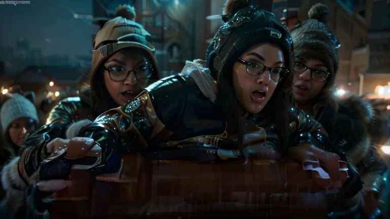 brunette ssbbw wearing leggings and a hoodie with glasses and a baseball cap stuck in the chimney, she is being pulled out by 2 ladies, high quality, realistic, detailed, photorealistic, 8k, hyperrealistic, cinematic lighting, dynamic angle, dramatic lighting, exquisite details, intricate details, hyper detailed