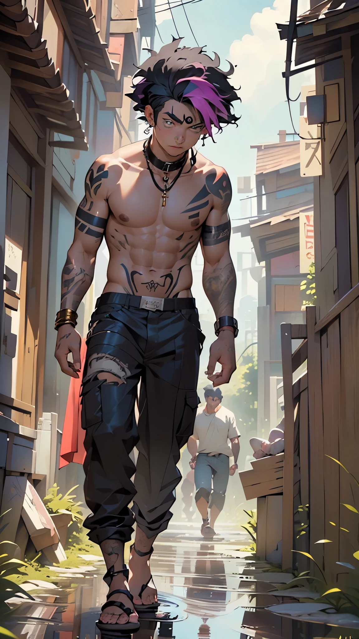 Ultra-realistic CG K ,((premium、8k、32k、Masterpiece、NFFSW:1.3)), (superfine illustration)、(super high resolution), (((adult body))), (((1 young man masculine features:1.5))), ((( modern short hair))), 25 year old cyberpunk gladiator with perfect body, Shoulder pads with metal spikes., Gladiadores in Brooklyn, (( short hair bob )), Torn rugby team t-shirt, wild urban style by Simon Bisley, short brown hair, sportswear, Metallic protection on the left arm with complex graphics....., Dark red with white stars and blue and white stripes.,(( sensual elegant pose:1.5)), armor, Full of spikes and rivets., poison tattoo (((Image from the knee up))), short brown hair, In the background、 There is a wall with an intricate design painted by Shepard Fairey.....
