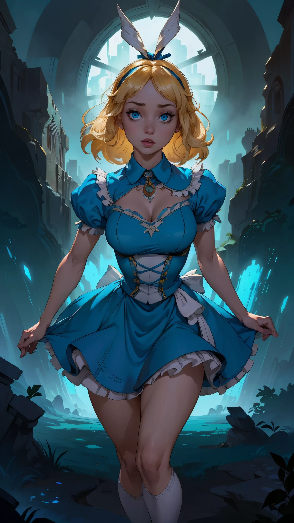 (La mejor calidad,A high resolution,Ultra - detallado,actual),Alice Wonderland, vestido corto azul, medias white muslo, cabello largo amarillo, ,(Fondo de ruinas de mazmorra en ruinas bosque tenebroso cyberpunk :1.4 ), More detailed 8K.motor irreal:1.4,UHD,La mejor calidad:1.4, fotorrealista:1.4, textura de la piel:1.4, obra maestra:1.8,obra-prima, mejor calidad,objeto Objeto], (detailed face features:1.3),(Las proporciones correctas),(Ojos hermosos azules),  (pose vaquero),( Alice Wonderland:1.4), (Alice Wonderland V2.1), (perfect anatomy :1.4),( no mutaciones), (Alice Liddell Disney:1.4), (Alice Liddell Disney V2.1), (face detailed :1.4),( dynamic cowboy pose),( cinematic lighting :1.4), (colores brillantes), (mostrando panties) 