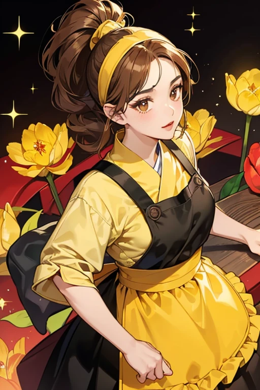 Dorayakko Sensei has a round brown face with light yellow lips and black eyes with eyelashes. She has brown hair on top of her head and additional hair tied back in a bushy ponytail. She wears a yellow headband and apron with a red tulip on it. SPARKLE; GLITTER