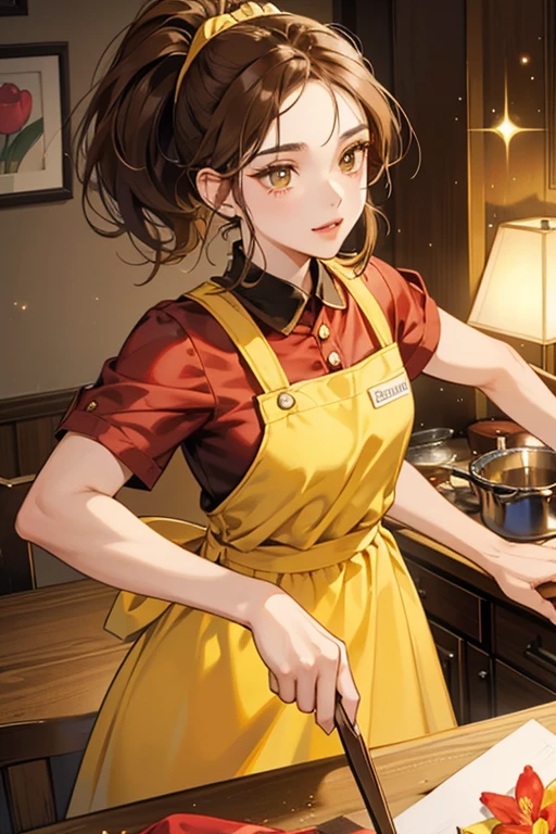 Dorayakko Sensei has a round brown face with light yellow lips and black eyes with eyelashes. She has brown hair on top of her head and additional hair tied back in a bushy ponytail. She wears a yellow headband and apron with a red tulip on it.  SPARKLE; GLITTER