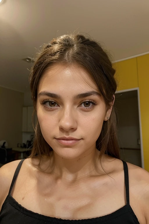 mujer joven, Cara de diamante, solo rostro defrente, Light brown eyes, cabelllo bien bien amarillo, australiana, 65 Kilogramos, tipo de cuerpo triangular, cejas pobladas. mirada seductora, son pocas pecas