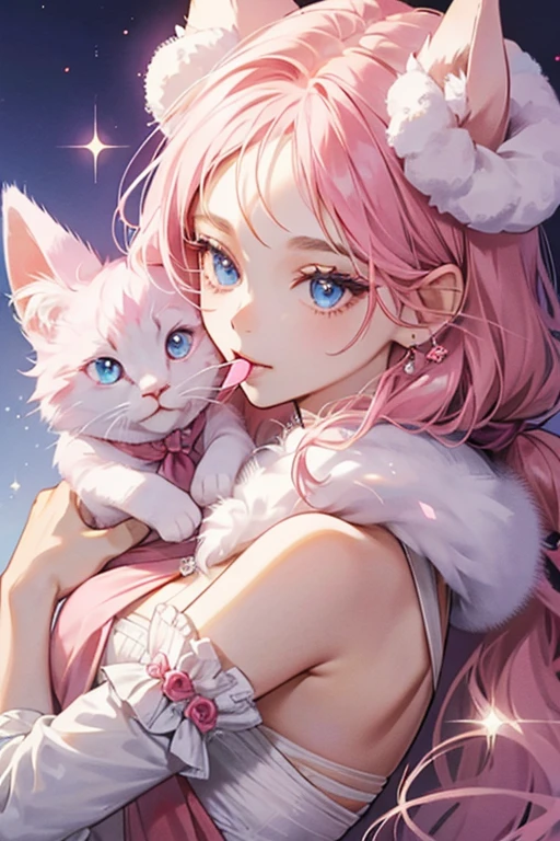 Doremitchi has a pink round body with with fluffy fur. She has round ears, and a pink flower shape on her right ear. , blue eyes (similar to those of Melodytchi) with two eyelashes each, and a cat-like mouth. The area around her mouth is a very pale pink. She two strands of hair on her forehead, one is pointed and the other is curly and round, and together they resemble a musical note. She also wears a hot pink scarf, which is tied in a bow in the front. SPARKLE; GLITTER