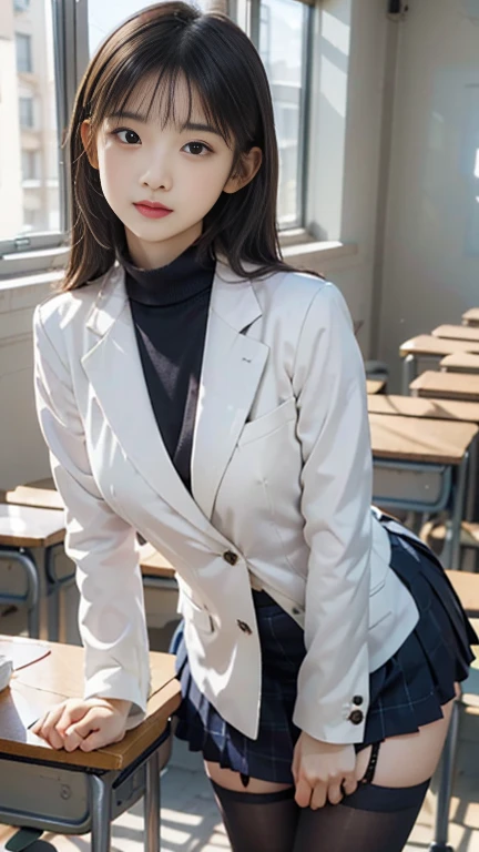 (( A female student sitting at a desk with her legs spread in a classroom))，Attractive eyes，Heartwarming action，Please turn away from the camera，Bent over，bend over，Turn back，Look up your head，Thick and long black hair，Highly detailed body，Highly detailed face，highest quality、(P iNK Underwear),(high school girl),((White Blazer、Chest emblem))、((Semi-transparent blouse)),,((Navy Check Flared Skirt)),(Black Stockings)、((White lace underwear is visible))、Brown long hair、See-through bangs , ((15 years old))