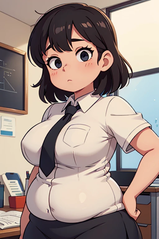 Solo, female, office worker, fat, chubby, belly, thick thighs, dress shirt, tight black skirt, upper body, office