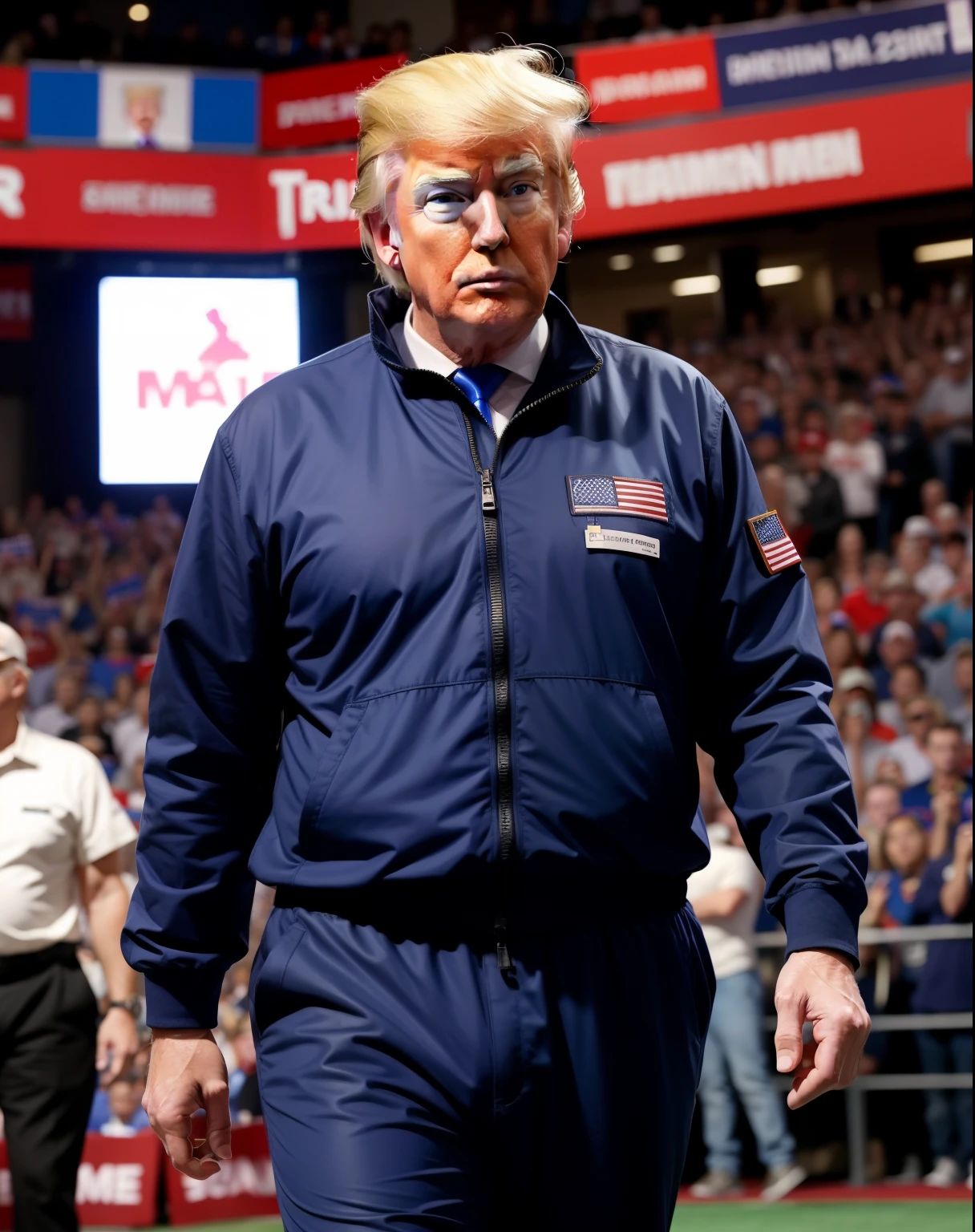 Please generate an Image of Donald Trump at a campaign rally wearing prison jumpsuit