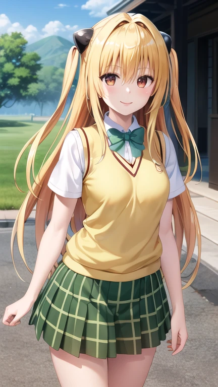 masterpiece, best quality, highres, Konjiki no Yami, very long hair, two side up, hair ornament, , green bowtie, white shirt, sweater vest, yellow vest, short sleeves, plaid skirt, green skirt, standing, cowboy shot, smile, outdoors