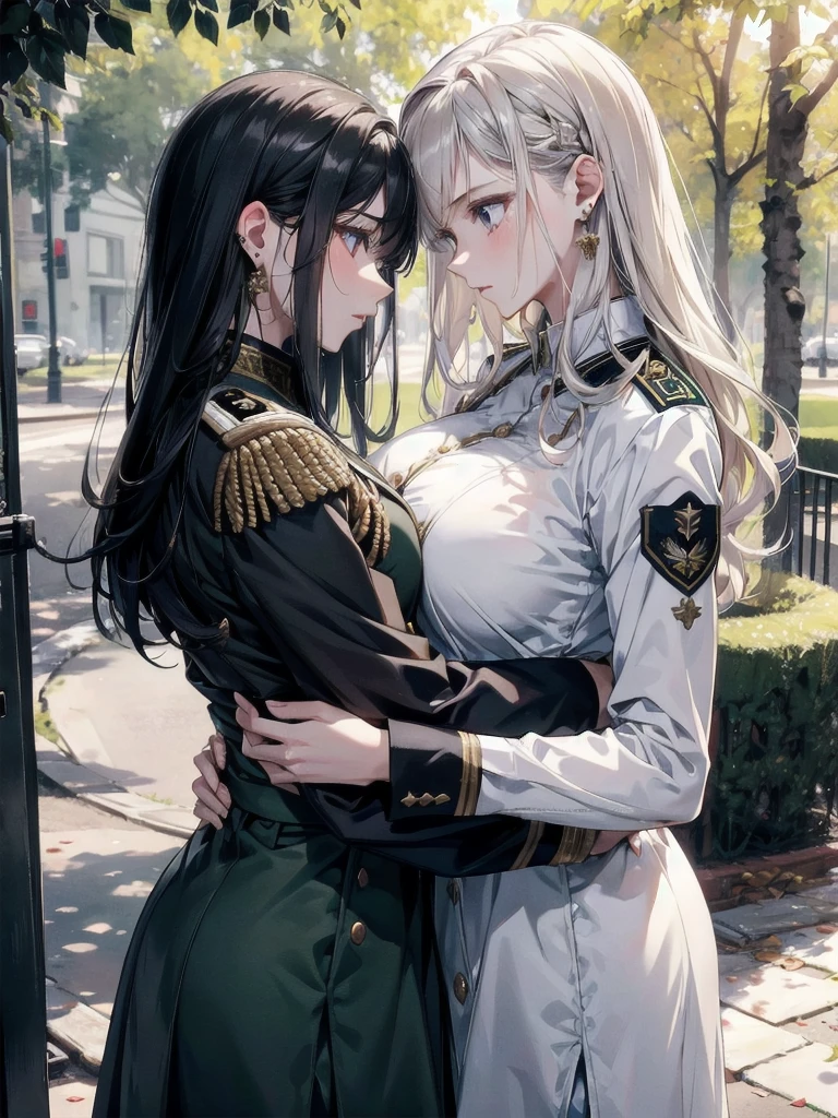 absurdres, RAW photo, extremely delicate and beautiful, masterpiece, Best Quality, ultra high resolution, 32k, hyperrealistic, ultra-detailed, detailed description, perfect anatomy, pale skin, 20 years old, detailed beautiful face and eyes, tearful mole, earring, short medium hair, wavy hair, whole body shot, colossal tits, ((yuri)), (((2 girls))), ((military uniform)), outdoors,