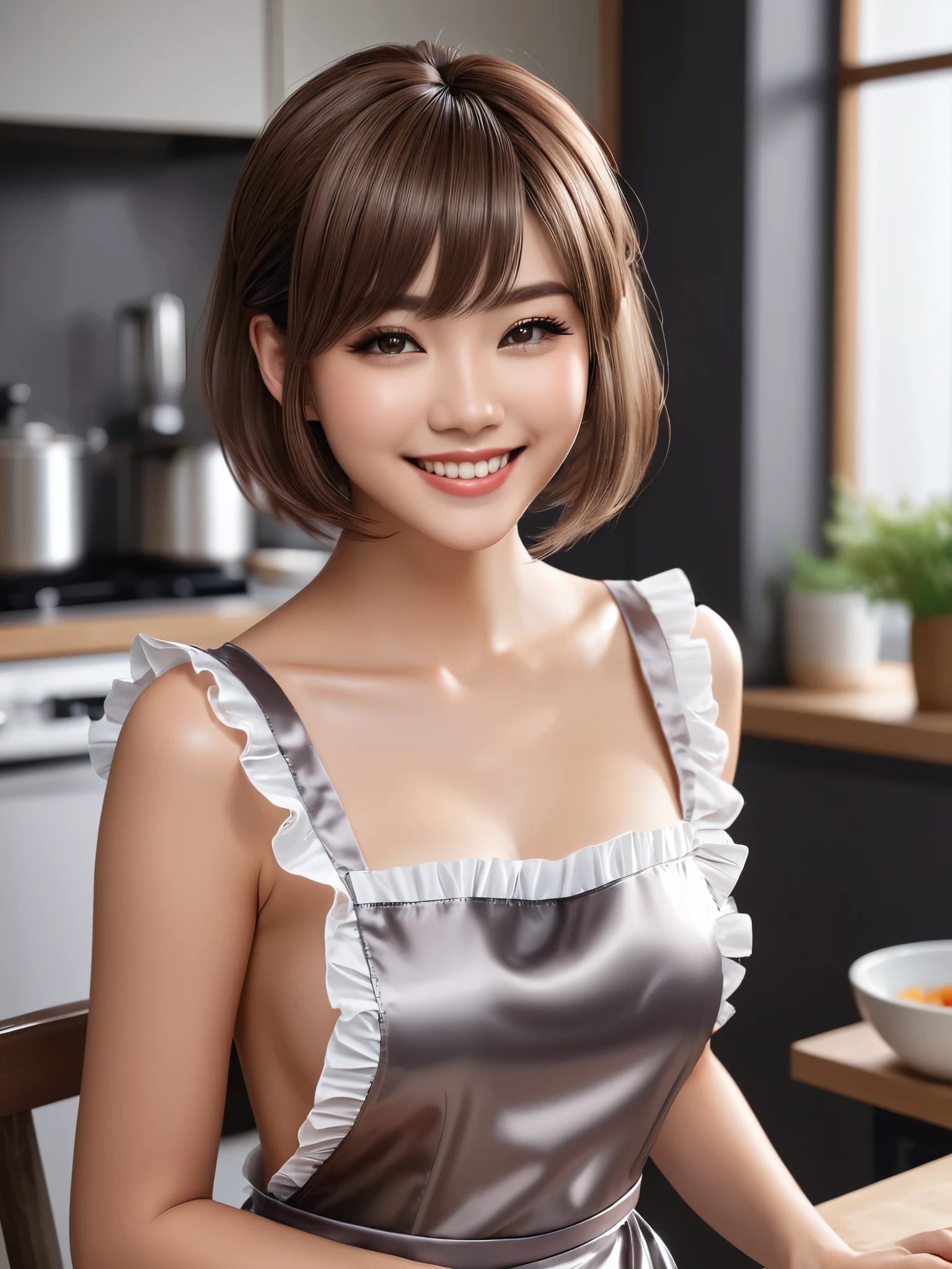 product quality, 1girl, full body shot, front view, a Japanese young pretty girl, short hair, wearing only a silky satin frilled gray apron over her naked with a big smile, sitting on a kitchen table in a kitchen, glamorous figure, busty, hyper cute face, glossy lips, double eyelids in both eyes, natural makeup, long eyelashes, shiny smooth light brown hair, asymmetrical bangs, fair skin, central image, high resolution, high detail, detailed hairstyle, detailed face, cinematic lighting, octane rendering, vibrant, hyper realistic, perfect limbs, perfect anatomy