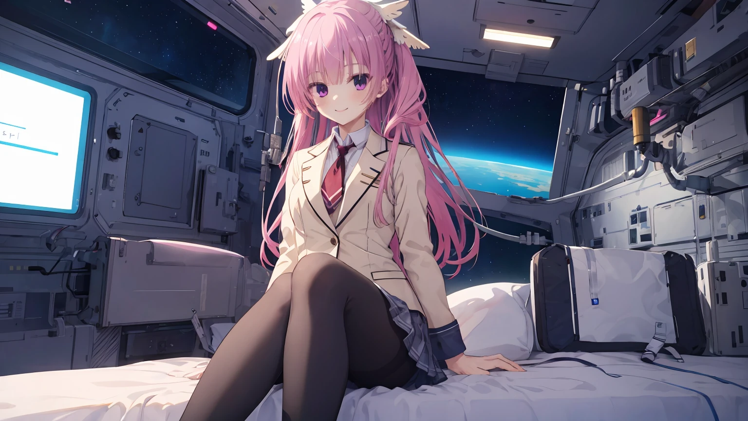 A girl，solo，Pink long hair，happy，Smile，Medium long hair，Dissemination，kikka academy uniform, pantyhose, highres, absurdres,Inside the spacecraft，on the bed，Glass Windows，Space background, Anime style 4k，mitsukasa ayase、Character-centered